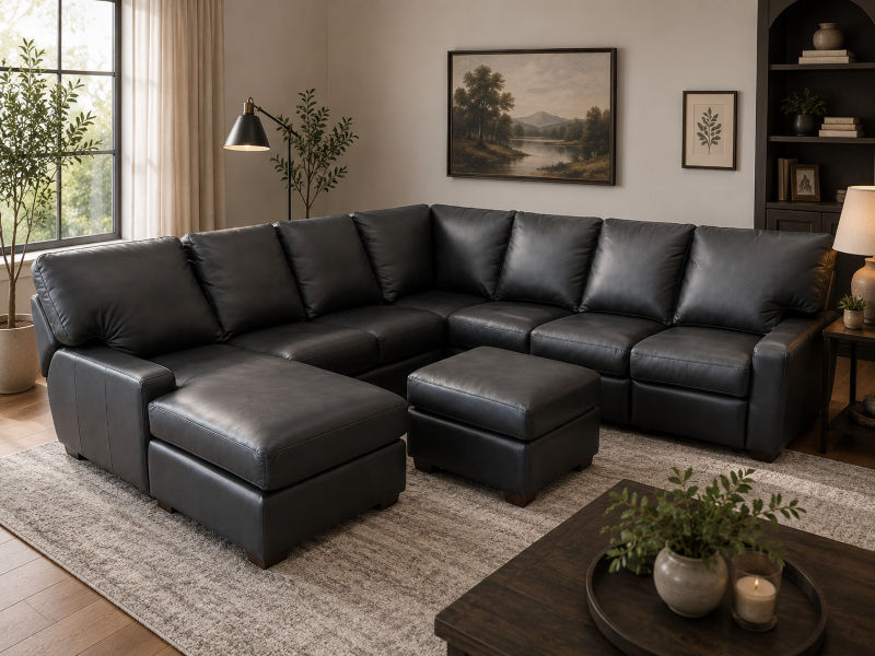 New Mavien Power Reclining Leather Sectional And Ottoman As Shown